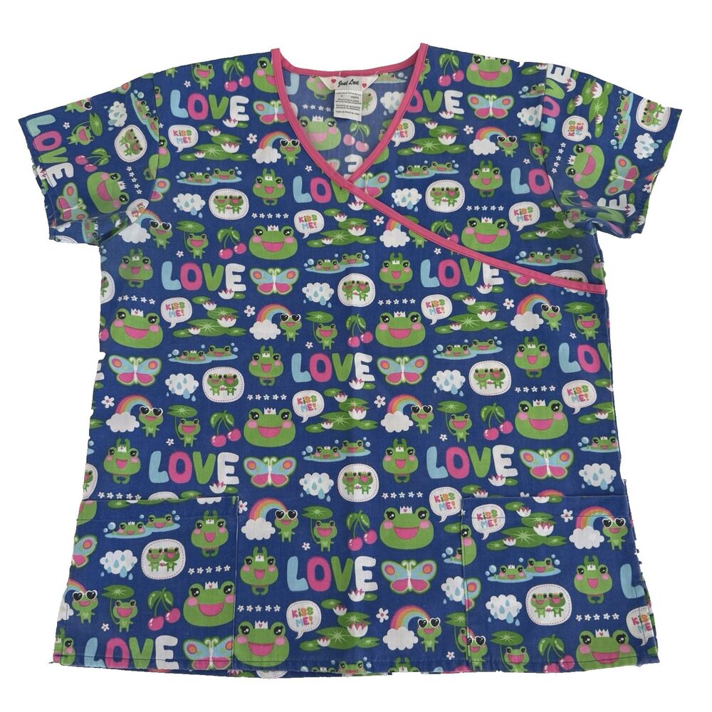 Womens Scrub Top M Frog Prince Just Love Blue Pink Green Medical RN LPN TECH